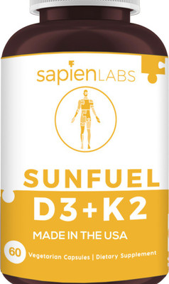 

SAPIEN BODY Sunfuel, D3 + K2 - Made in USA - Bone & Heart Health - Vegetable Capsules(60 mg)