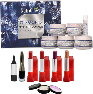 

NutriGlow "Set of 4 Lipsticks + 1 Eye liner + 1 Kajal + 1 Diamond Radiance+ 1 Compact ( 5 in 1 ) "(Set of 8)