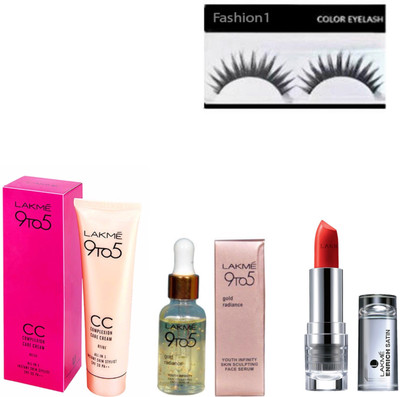 

FASHION 1 Combo of Lakme 9to5 gold radiance serum,complexion care cream,lipstick,eyelashes(Set of 4)