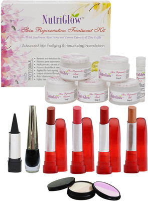 

NutriGlow "Set of 4 Lipsticks + 1 Eye liner + 1 Kajal + 1 Skin Rejuvenation fairness facial kit + 1 Compact ( 5 in 1 ) "(Set of 8)