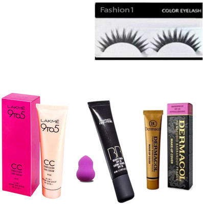 

FASHION 1 Imported combo of Mac prep+prime,dermacol,lakme 9to5 care cream,powder puff with eyelashes (set of 5)(Set of 5)