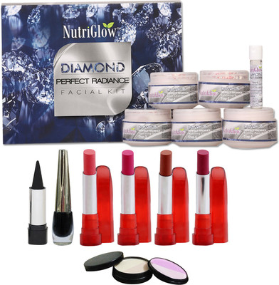 

NutriGlow "Set of 4 Lipsticks + 1 Eye liner + 1 Kajal + 1 Diamond Radiance+ 1 Compact ( 5 in 1 ) "(Set of 8)