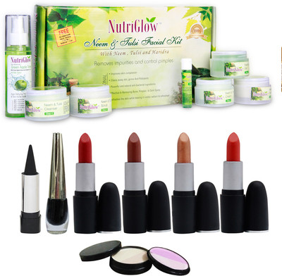

NutriGlow Set of 4 Lipsticks + 1 Eye liner + 1 Kajal + 1 Neem & Tulsi facial kit +1 Green apple toner(Set of 8)