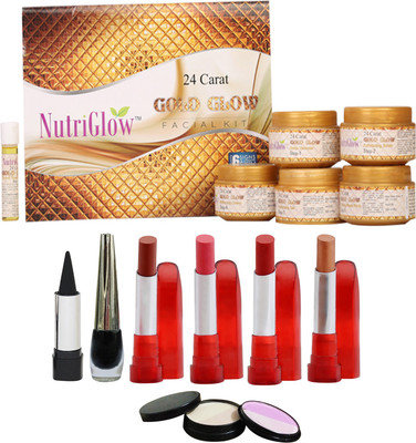 

NutriGlow Set of 4 Lipsticks + 1 Eye liner + 1 Kajal + 1 Gold Glow facial kit(Set of 8)