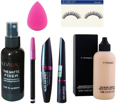 

GLORIST Combo of Matte Fixer Spray, Huda Eyeliner, Huda Mascara, Kajal Pencil, Mac foundation, sponge puff & eyelashes(Set of 7)