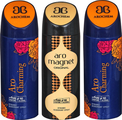

AROCHEM ARO CHARMING , ARO MAGNET AND ARO CHARMING DYNAMIC PURE Deodorant Spray - For Men & Women(200 ml, Pack of 3)