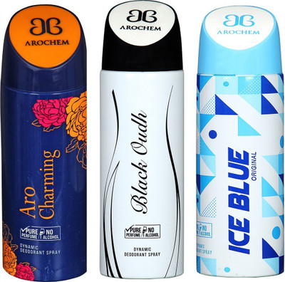 

AROCHEM ARO CHARMING , BLACK OUDH AND ICE BLUE DYNAMIC PURE Deodorant Spray - For Men & Women(200 ml, Pack of 3)