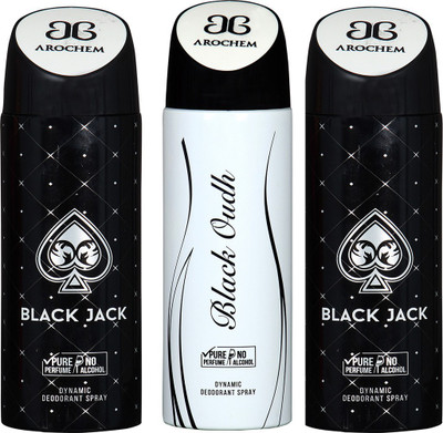 

AROCHEM BLACK JACK , BLACK OUDH AND BLACK JACK DYNAMIC PURE Deodorant Spray - For Men & Women(200 ml, Pack of 3)