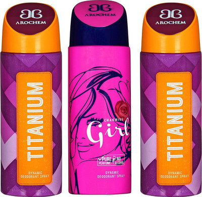 

AROCHEM TITANIUM , CHARMING GIRL AND TITANIUM DYNAMIC PURE Deodorant Spray - For Men & Women(200 ml, Pack of 3)