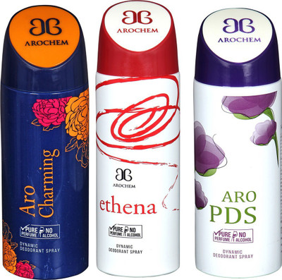 

AROCHEM ARO CHARMING , ETHENA AND ARO PDS DYNAMIC PURE Deodorant Spray - For Men & Women(200 ml, Pack of 3)