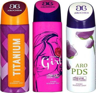 

AROCHEM TITANIUM , CHARMING GIRL AND ARO PDS DYNAMIC PURE Deodorant Spray - For Men & Women(200 ml, Pack of 3)