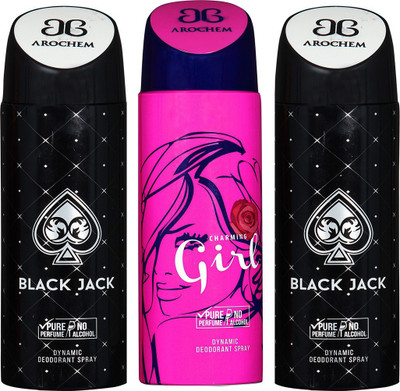 

AROCHEM BLACK JACK , CHARMING GIRL AND BLACK JACK DYNAMIC PURE Deodorant Spray - For Men & Women(200 ml, Pack of 3)