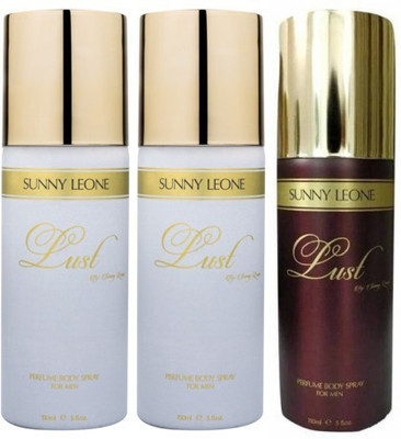 Sunny Leone Two Lust White and One Lust Brown Perfume Body Spray Combo for Men Perfume Body Spray - For Men(450 ml, Pack of 3)