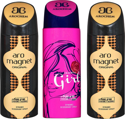 

AROCHEM ARO MAGNET , CHARMING GIRL AND ARO MAGNET DYNAMIC PURE Deodorant Spray - For Men & Women(200 ml, Pack of 3)