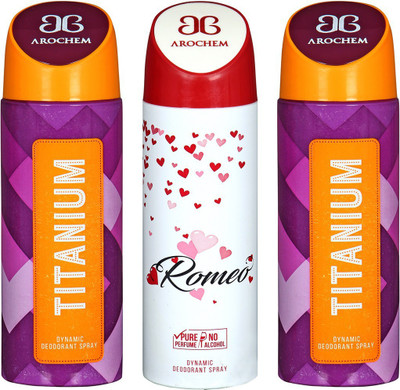 

AROCHEM TITANIUM , ROMEO AND TITANIUM DYNAMIC PURE Deodorant Spray - For Men & Women(200 ml, Pack of 3)