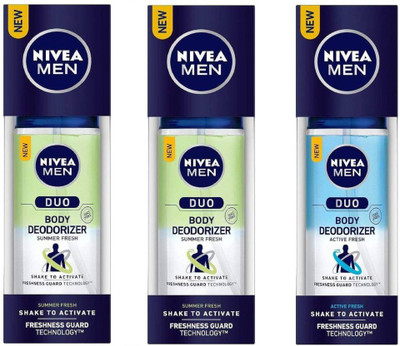 

Nivea MEN SUMMER FRESH DUO BODY DEODORIZER 100ml +MEN ACTIVE FRESH DUO BODY DEODORIZER 100ml Deodorant Spray - For Men & Women(100 ml, Pack of 3)