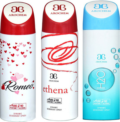 

AROCHEM ROMEO , ETHENA AND H2O DYNAMIC PURE Deodorant Spray - For Men & Women(200 ml, Pack of 3)