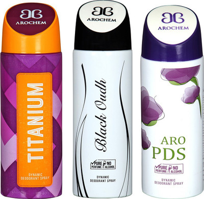 

AROCHEM TITANIUM , BLACK OUDH AND ARO PDS GIRL DYNAMIC PURE Deodorant Spray - For Men & Women(200 ml, Pack of 3)