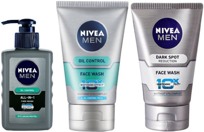 

Nivea MEN ALL-IN-1 FACE WASH PUMP 65 ML+MEN OIL CONTROL FACE WASH 100 ML+MEN DARK SPOT REDUCTION FACE WASH 100 ML Face Wash(100 ml)