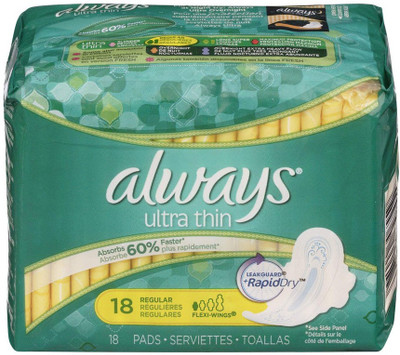 

Always Ultra Thin Unscented with Wings, Regular, 18 Count Sanitary Pad(Pack of 18)