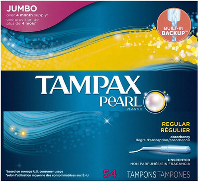 

Tampax Pearl Plastic Tampons, Regular Absorbency, Unscented, 54 Count Sanitary Pad(Pack of 54)