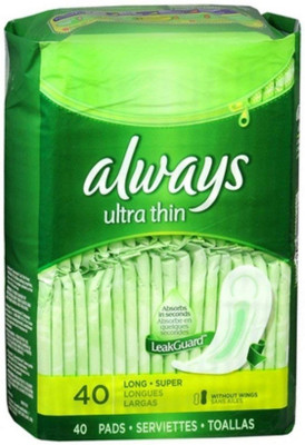 

Always Ultra Thin Without Wings, Unscented, Long Super 40 ea Sanitary Pad(Pack of 40)
