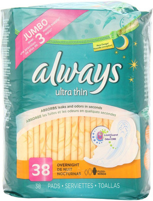 

Always Ultra Thin Overnight Feminin with Wings, Unscented, 38 Count Sanitary Pad(Pack of 38)