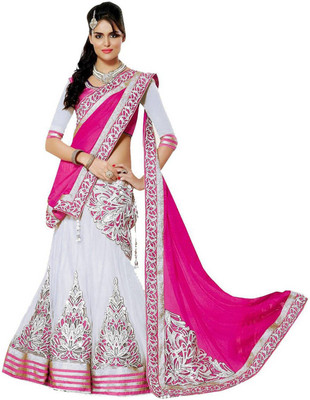 MF Retail Temple Border, Applique Bollywood Cotton Blend Saree(White)