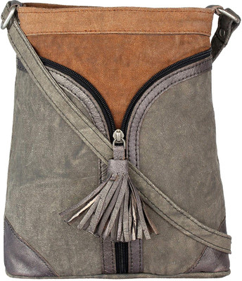 

Mona B Women Casual Grey, Brown Canvas Sling Bag, Brown;grey