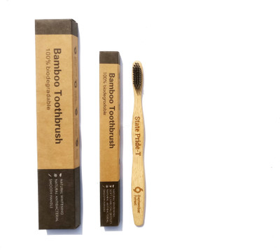 

State Pride - T Biodegradable Eco-Friendly Premium Quality Natural Bamboo Charcoal Toothbrush - Pack Of 1 with Free Cotton Pouch Medium Toothbrush