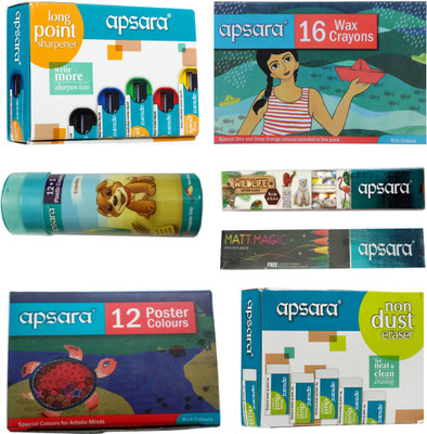 

Apsara 10 WILDLIFE EXTRA DARK PENCILS+10 MATT MAGIC PENCILS+1 SET 12 SHADE POSTER COLOURS+1 SET 16 SHADE WAX CRAYONS+1 SET 12 ERASABLE PLASTIC CRAYONS+20 NON DUST ERASERS+20 LONG POINT SHARPENERS