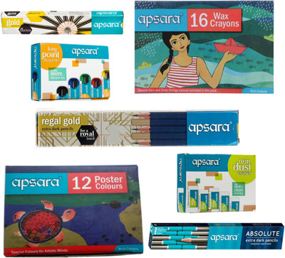 

Apsara 10 ABSOLUTE PENCILS+10 REGAL GOLD PENCILS+10 GOLD PENCILS+1 SET 12 SHADE WAX CRAYONS+1 SET 16 SHADE WAX CRAYONS+20 NON DUST ERASERS+20 LONG POINT SHARPENERS