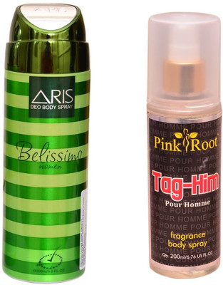 

Pink Root TAG-HIM BODY MIST 200ML WITH ARIS BELISSIMO DEO BODY SPRAY FOR WOMEN 200ML(Set of 2)