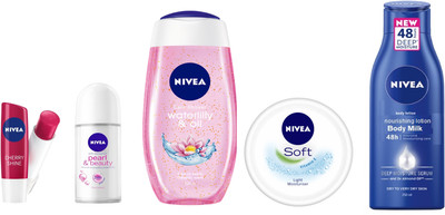 

Nivea Festive Kit (Pearl &Beauty Roll-on + Soft cream + Lip Balm + Shower Gel + Body Milk Lotion)(Set of 5)