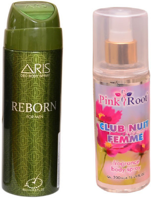 

Pink Root CLUB NUIT FEMME BODY MIST 200ML WITH ARIS REBORN DEO BODY SPRAY FOR MEN 200ML(Set of 2)