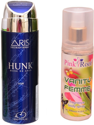 

Pink Root VANITY FEMME BODY MIST 200ML WITH ARIS HUNK DEO BODY SPRAY FOR MEN 200ML(Set of 2)