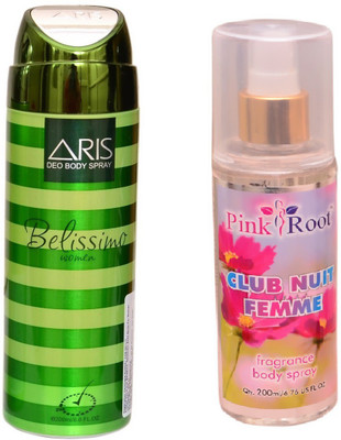 

Pink Root CLUB NUIT FEMME BODY MIST 200ML WITH ARIS BELISSIMO DEO BODY SPRAY FOR WOMEN 200ML(Set of 2)