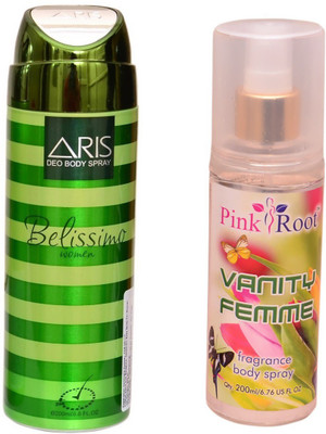 

Pink Root VANITY FEMME BODY MIST 200ML WITH ARIS BELISSIMO DEO BODY SPRAY FOR WOMEN 200ML(Set of 2)