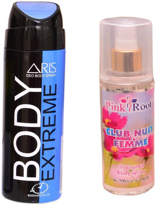 

Pink Root CLUB NUIT FEMME BODY MIST 200ML WITH ARIS EXTREME BODY DEO SPRAY FOR MEN 200ML(Set of 2)