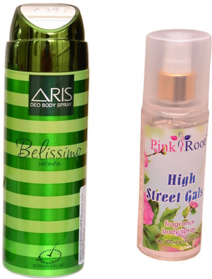 

Pink Root HIGH STREET GALS BODY MIST 200ML WITH ARIS BELISSIMO DEO BODY SPRAY FOR WOMEN 200ML(Set of 2)