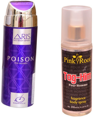 

Pink Root TAG-HIM BODY MIST 200ML WITH ARIS POISON DEO BODY SPRAY FOR WOMEN 200ML(Set of 2)