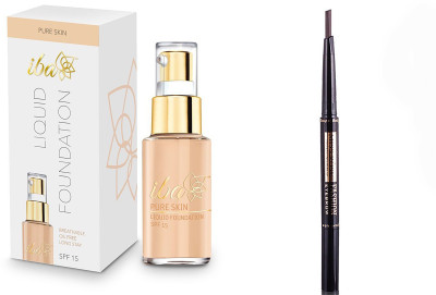 

iba halal care Skin Liquid Foundation Natural Beige with 2 in 1 Eyebrow Pencil with Eye Brows Brush Waterproof and Long-lasting dark brown 03 (dark brown)(Set of 2)