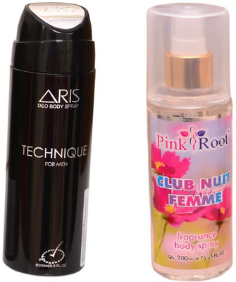 Pink Root CLUB NUIT FEMME BODY MIST 200ML WITH ARIS TECHNIQUE DEO BODY SPRAY FOR MEN 200ML(Set of 2)