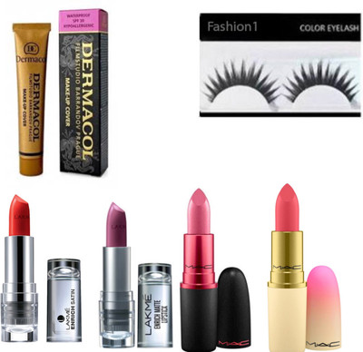 

FASHION 1 combo of lakme lipstick set,mac lipstick,dermacol with eyelashes(Set of 6)