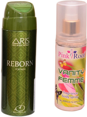 

Pink Root VANITY FEMME BODY MIST 200ML WITH ARIS REBORN DEO BODY SPRAY FOR MEN 200ML(Set of 2)