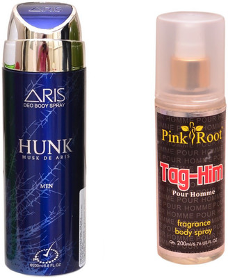

Pink Root TAG-HIM BODY MIST 200ML WITH ARIS HUNK DEO BODY SPRAY FOR MEN 200ML(Set of 2)