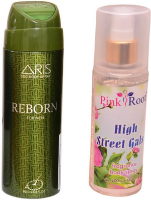 

Pink Root HIGH STREET GALS BODY MIST 200ML WITH ARIS REBORN DEO BODY SPRAY FOR MEN 200ML(Set of 2)