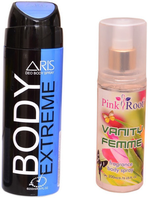 

Pink Root VANITY FEMME BODY MIST 200ML WITH ARIS EXTREME BODY DEO SPRAY FOR MEN 200ML(Set of 2)