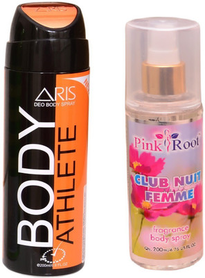 

Pink Root CLUB NUIT FEMME BODY MIST 200ML WITH ARIS ATHLETE BODY DEO SPRAY FOR MEN 200ML(Set of 2)