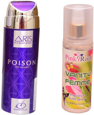 

Pink Root VANITY FEMME BODY MIST 200ML WITH ARIS POISON DEO BODY SPRAY FOR WOMEN 200ML(Set of 2)